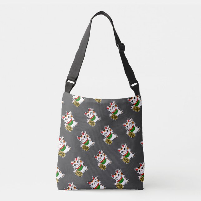 Black Japanese Lucky Cat Pattern Crossbody Bag (Front)