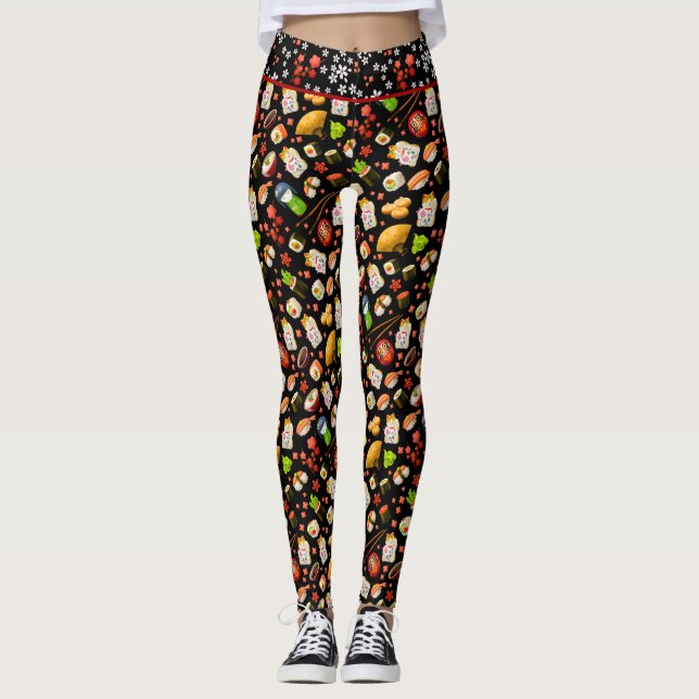 Black Japanese Maneki Neko Cat and Sushi Leggings (Front)