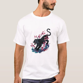 Black Japanese Tiger & Cherry Blossoms T-Shirt