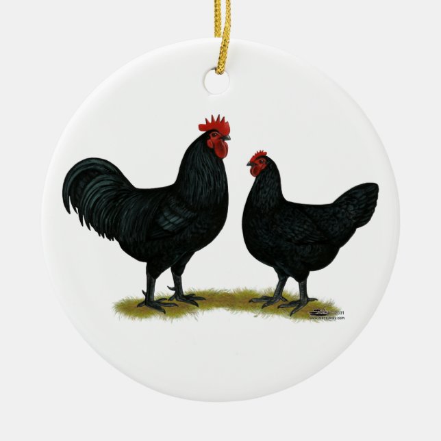 Black Java Chickens Ceramic Tree Decoration (Front)