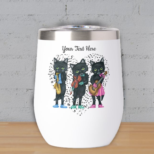 Black Jazz Cats Playing Music Heart of black Notes (Black cat musicians playing instruments colourful clothes on heart of music notes on drink tumbler.)