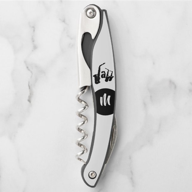 Black Jazz Sax Choose colour Monogram Corkscrew (Front)