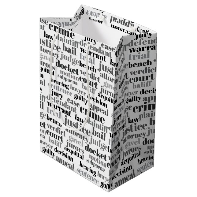 Black Judicial Text Word Cloud on White Medium Gift Bag (Back Angled)