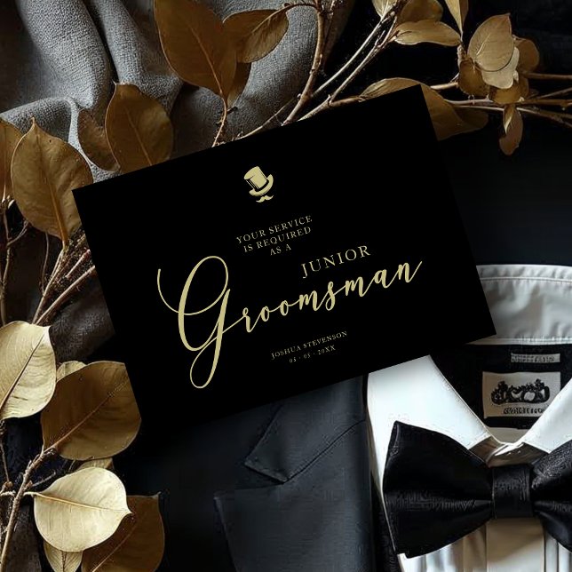 Black Junior Groomsman Chic Wedding Proposal (Black Junior Groomsman Funny Wedding Minimalist Proposal Cards.)