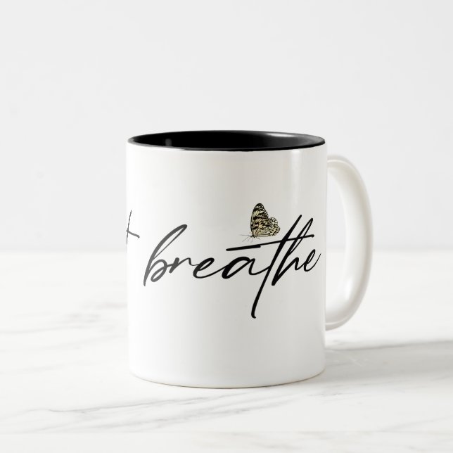 black "just breathe" text butterfly Two-Tone coffee mug (Front Right)