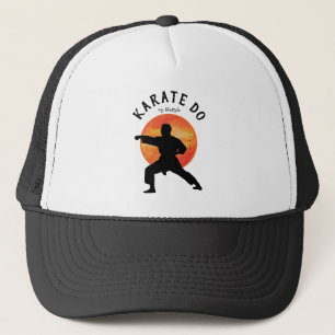 Black Karate Figure Sun Orange Yellow Name Modern  Trucker Hat