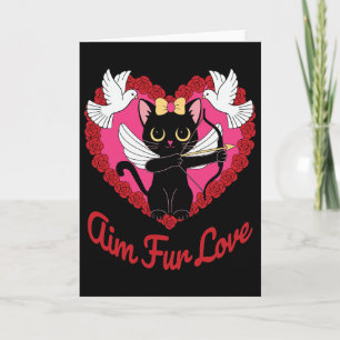 Black Kawaii Cat Cupid With Heart And Rose Aim Fur Card