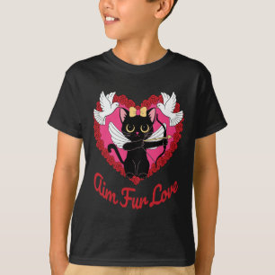 Black Kawaii Cat Cupid With Heart And Rose Aim Fur T-Shirt