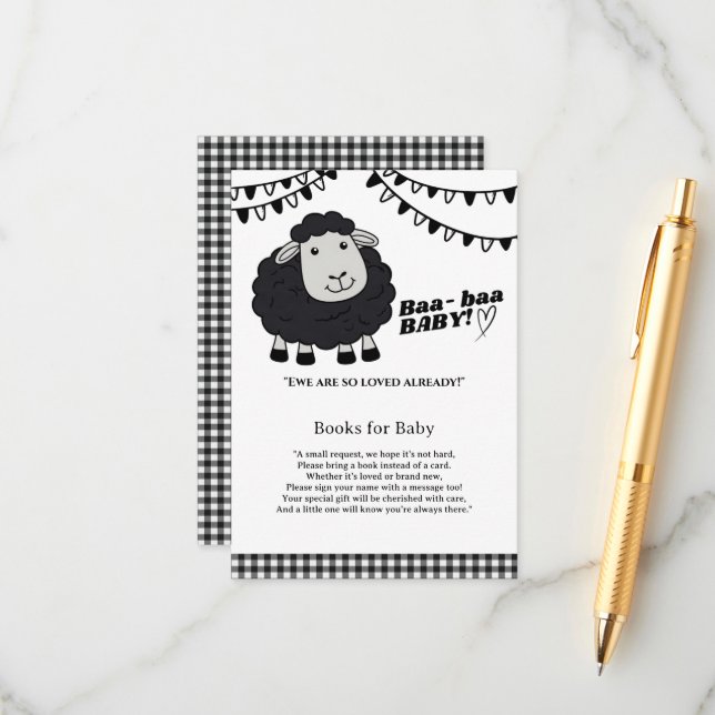 Black Kawaii Little Lamb Baby Shower Enclosure Card (Front/Back In Situ)