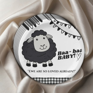 Black Kawaii Little Lamb Baby Shower Paper Plate