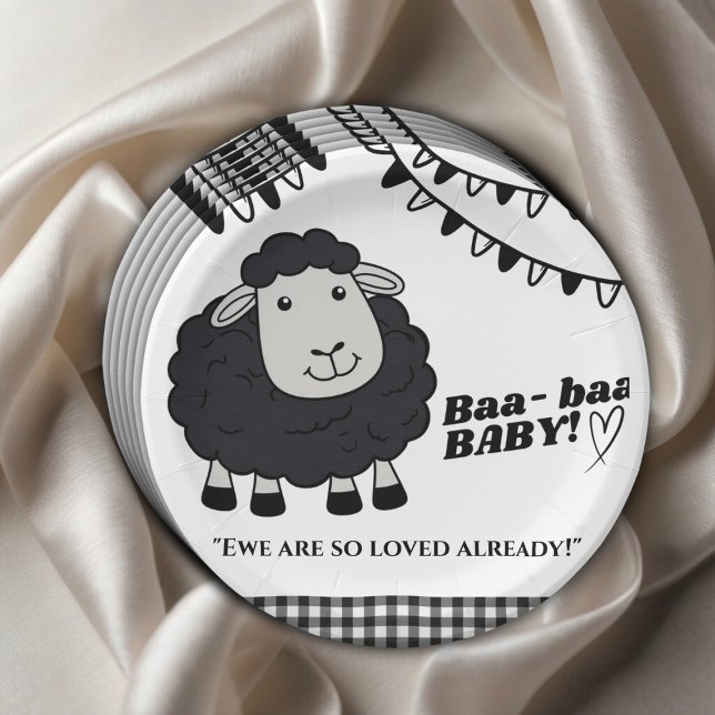 Black Kawaii Little Lamb Baby Shower Paper Plate (Creator Uploaded)