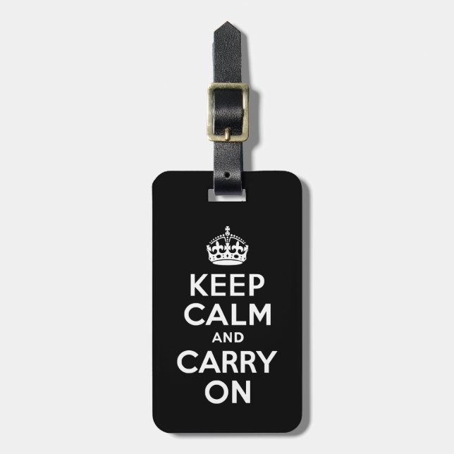 Black Keep Calm and Carry On Luggage Tag (Front Vertical)