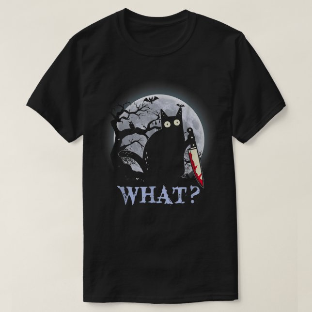 Black Killer Cat Costume Halloween with Knife T-Sh T-Shirt (Design Front)