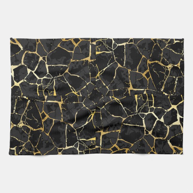 Black Kintsugi Gold Vein  Tea Towel (Horizontal)