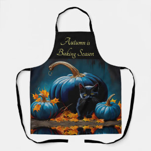 Black Kitten and Blue Moon Pumpkins Autumn Leaves Apron
