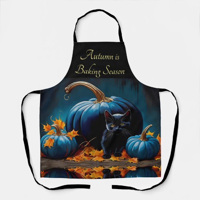 Black Kitten and Blue Moon Pumpkins Autumn Leaves Apron (Front)