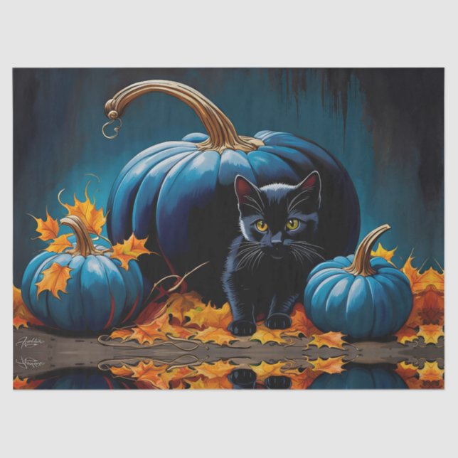 Black Kitten and Blue Moon Pumpkins Autumn Leaves Tissue Paper (Front)