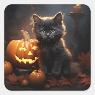 Black Kitten and Jack-O-Lantern, Autumn Leaves  Square Sticker