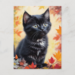 Black Kitten Autumn Scene Flat Card