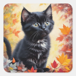 Black Kitten Autumn Scene Flat Card Square Sticker