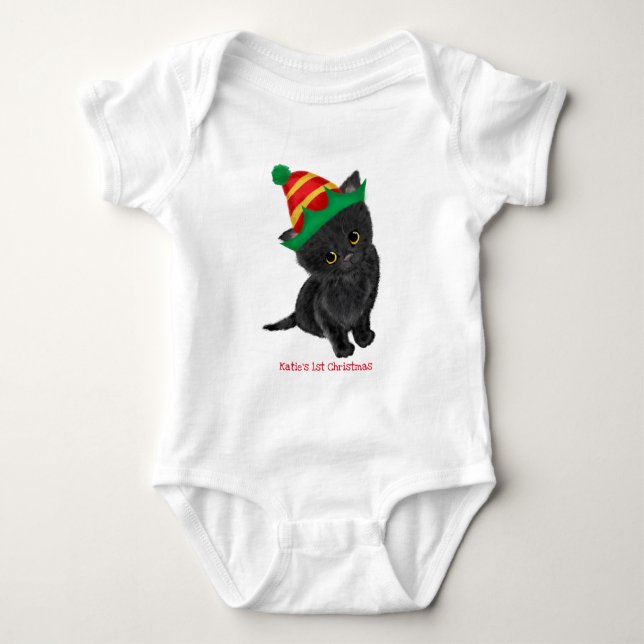 Black kitten baby's 1st Xmas personalised bodysuit (Front)