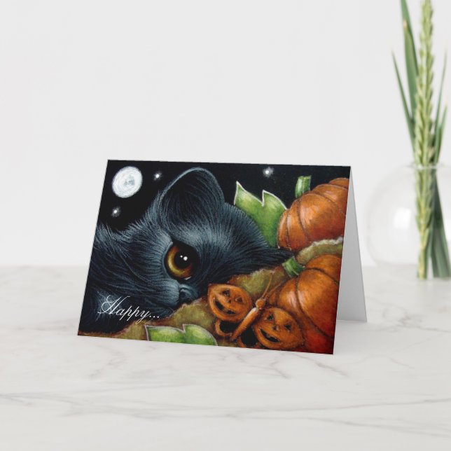 BLACK KITTEN CAT PUMPKIN BUTTERFLY HALLOWEEN Card (Front)