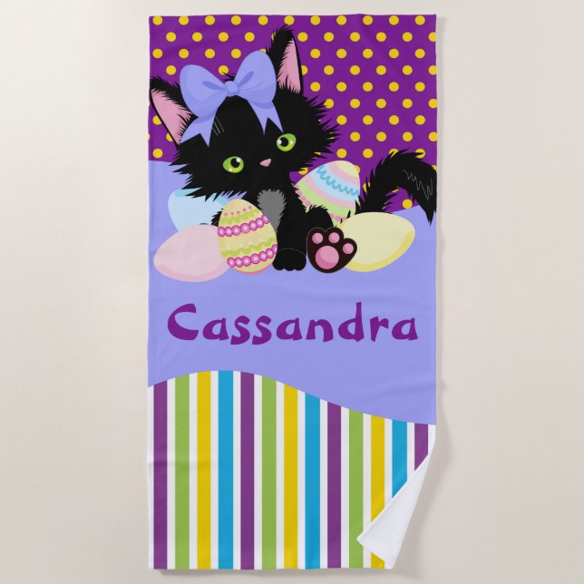 Black Kitten Easter Egg Dots and Stripes    Beach Towel (Front)