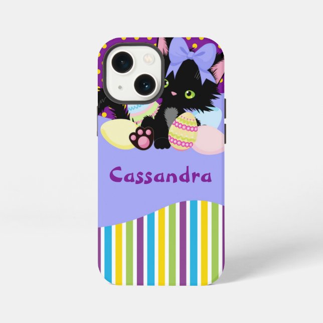 Black Kitten Easter Egg Dots and Stripes    iPhone Case (Back)