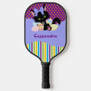 Black Kitten Easter Egg Dots and Stripes   Pickleball Paddle