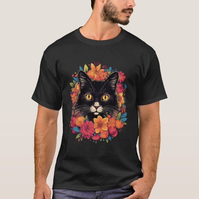 Black Kitten Encircled By Flowers Owner Garden T-Shirt (Front)