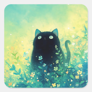 Black Kitten Floral Fantasy Square Sticker