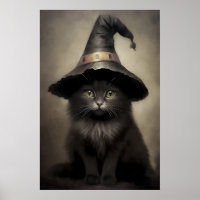 Black kitten in a witch's hat print, halloween cat