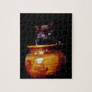 Black Kitten in Ceramic Vase, black background Jigsaw Puzzle