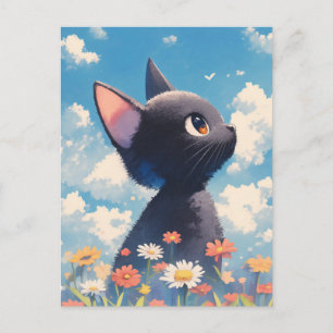 Black Kitten in Daisy Wildflower Summer Meadow Postcard