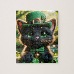 Black Kitten in Green St. Patrick's Day Attire Jigsaw Puzzle