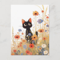 Black Kitten in Orange and Blue Wildflower Meadow