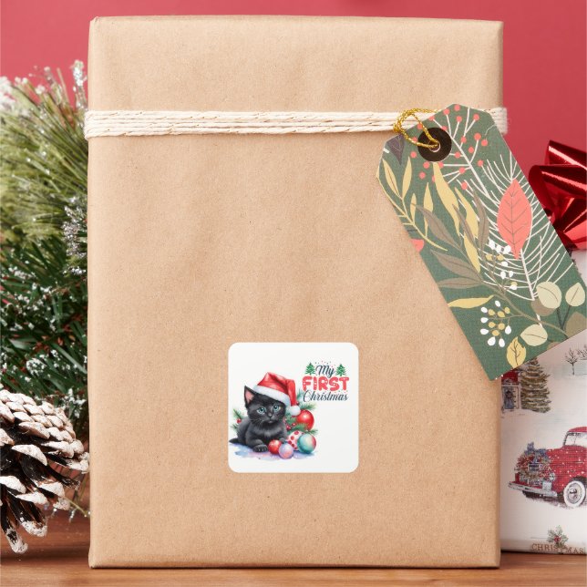 Black Kitten In Santa Hat Merry Christmas Square Sticker (Holiday)