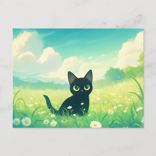 Black Kitten in Sunny Daisy Flower Meadow Postcard (Front)