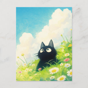Black Kitten in Sunny Daisy Wildflower Meadow Postcard