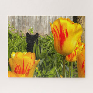 Black Kitten in the Colourful Tulip Garden Jigsaw Puzzle