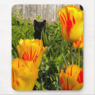 Black Kitten in the Tulip Garden Mousepad