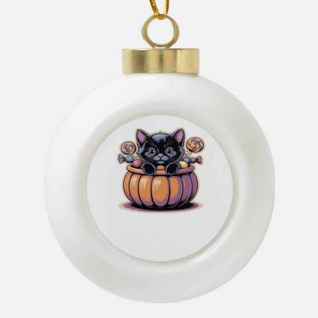 Black Kitten in Treat Bucket Classic T-Shirt Ceramic Ball Christmas Ornament (Front)