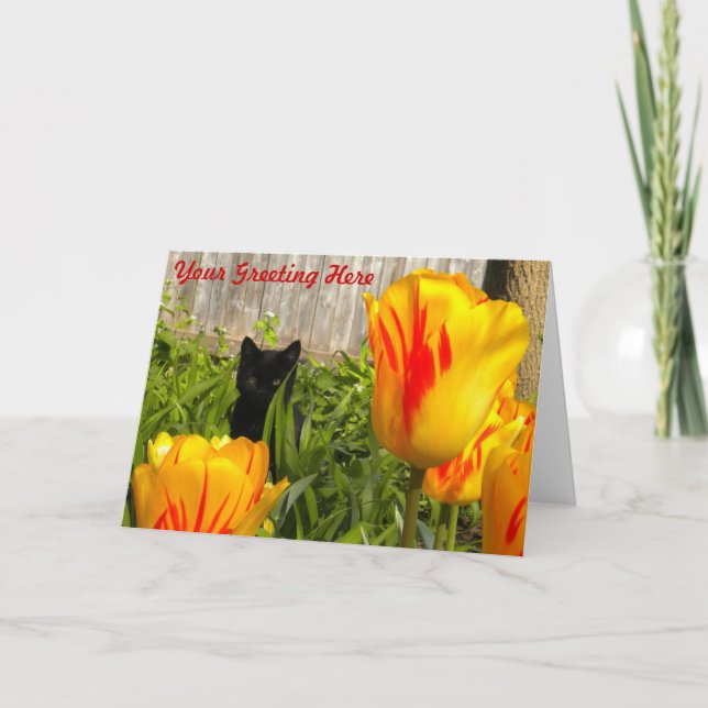 Black Kitten in Tulips greeting card (Front)