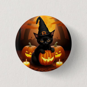 Black Kitten in Witch Hat Amid Halloween Pumpkins 3 Cm Round Badge