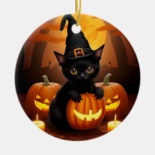 Black Kitten in Witch Hat Amid Halloween Pumpkins Ceramic Tree Decoration (Front)