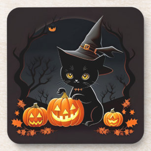 Black Kitten in Witch Hat Amid Halloween Pumpkins Coaster