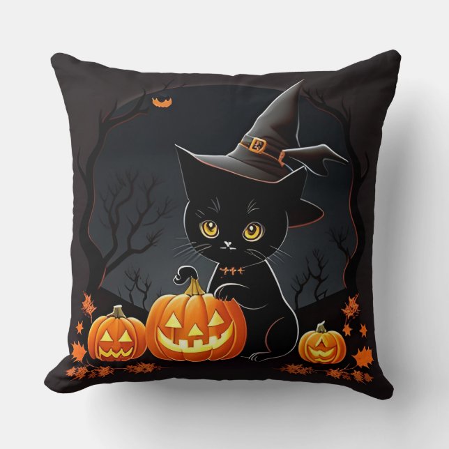 Black Kitten in Witch Hat Amid Halloween Pumpkins Cushion (Front)