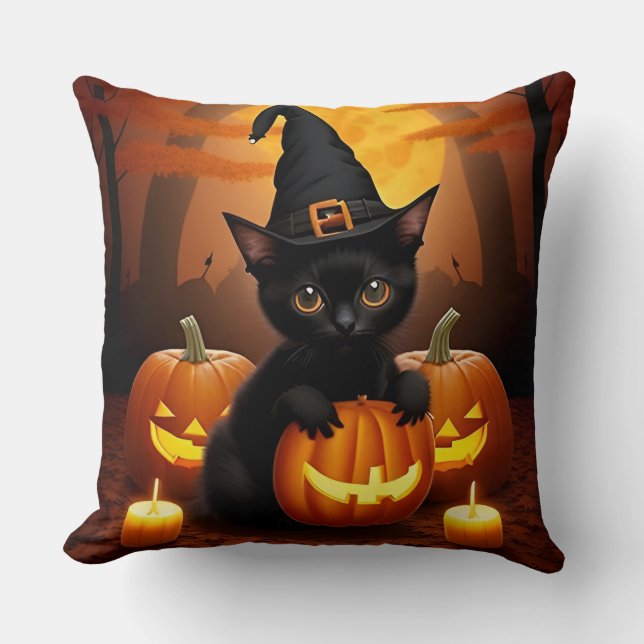 Black Kitten in Witch Hat Amid Halloween Pumpkins Cushion (Front)