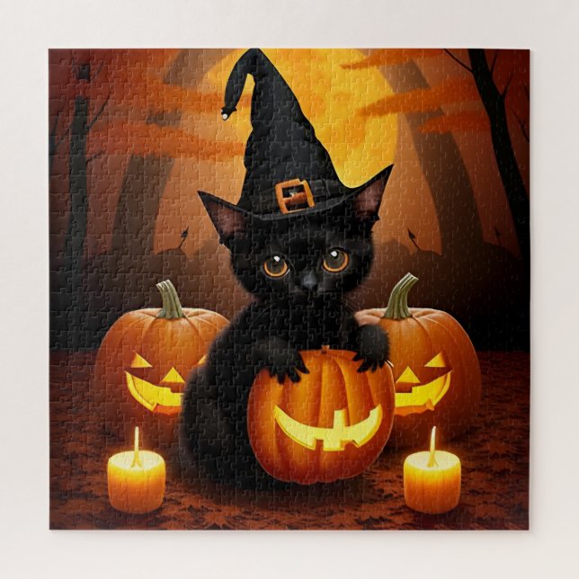 Black Kitten in Witch Hat Amid Halloween Pumpkins Jigsaw Puzzle (Vertical)