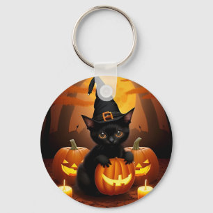 Black Kitten in Witch Hat Amid Halloween Pumpkins Key Ring